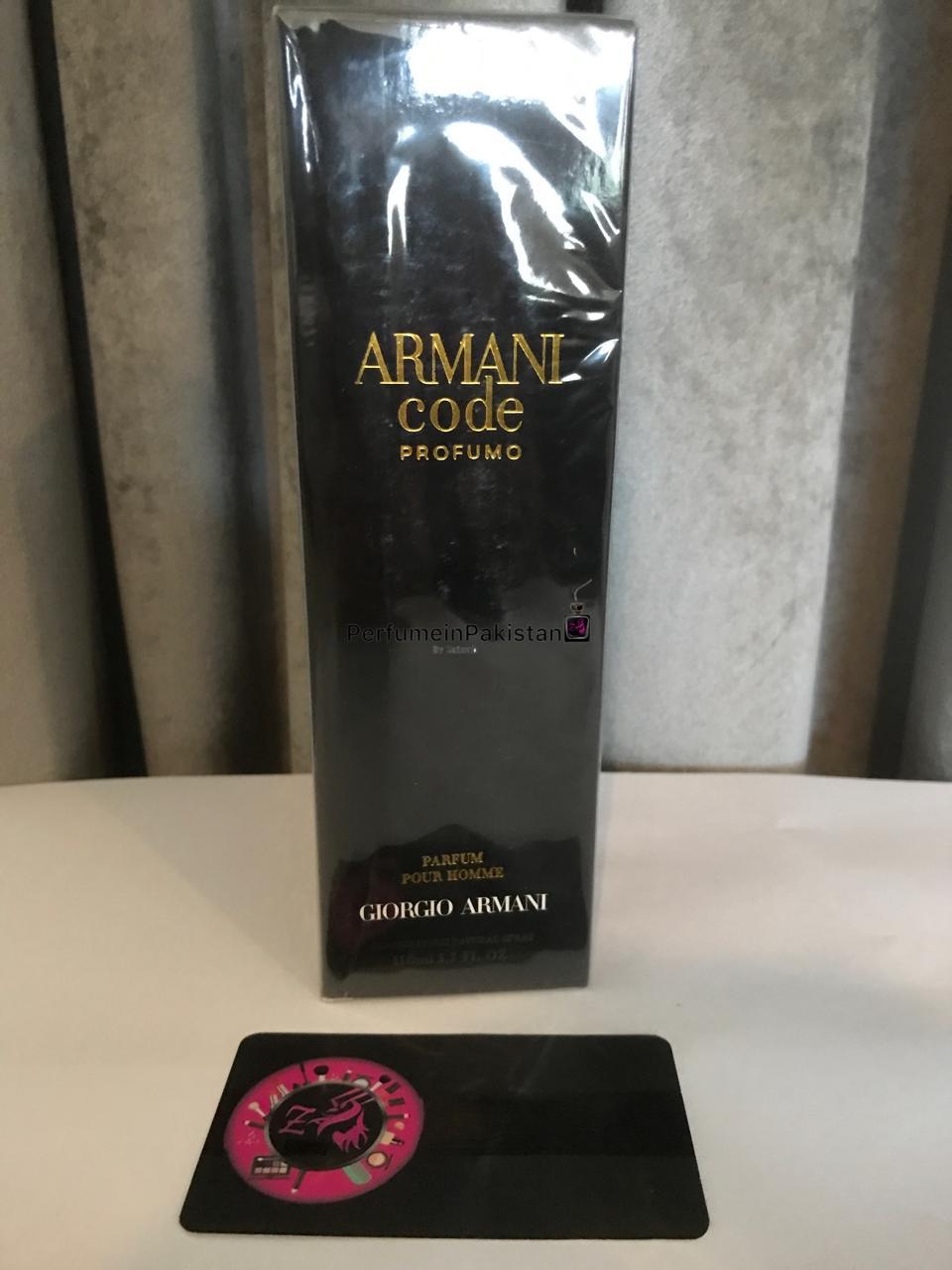 Armani Code Profumo by Giorgio Armani men's perfume box displayed on a white surface with PerfumeinPakistan branding card and elegant gray curtain background.