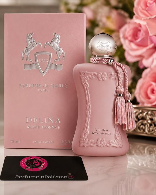 Delina Royal Essence Eau de Parfum 75ml perfume box displayed elegantly for women with luxury floral fragrance packaging.