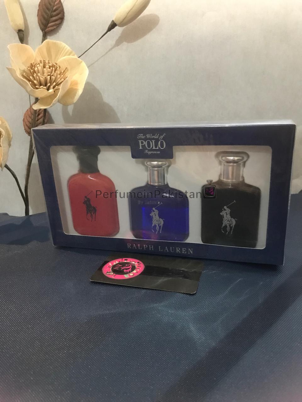 Ralph Lauren Polo Fragrances men's mini perfume gift set featuring three signature Polo fragrances displayed in a presentation box with Perfume in Pakistan branding