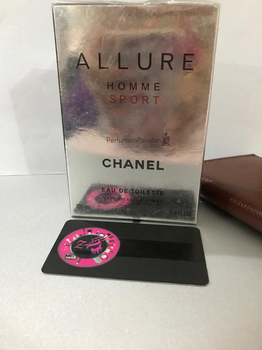 Chanel Allure Homme Sport Eau de Toilette 100ml box displayed on a white surface with Perfume in Pakistan branding.