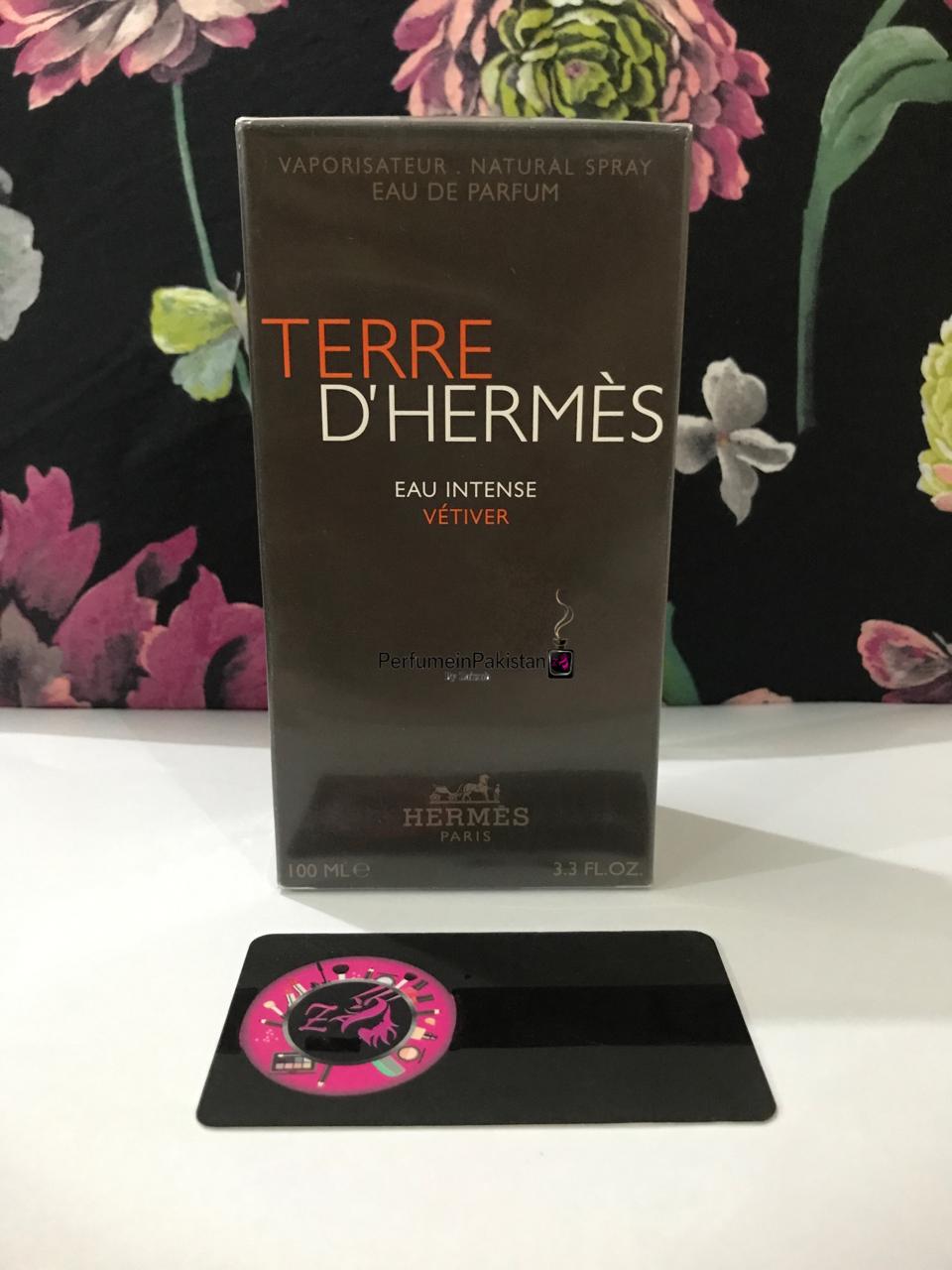 Terre d’Hermès Eau Intense Vétiver Eau de Parfum 100ml perfume bottle and packaging.