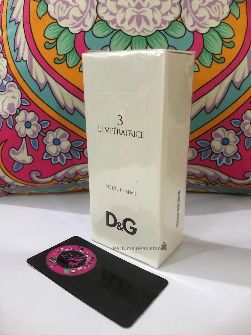 Dolce & Gabbana 3 L'Imperatrice perfume box displayed with colorful floral patterned background and PerfumeinPakistan branding card