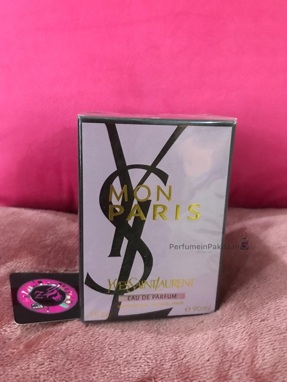 YSL Mon Paris Eau de Parfum 90ml perfume box displayed on pink velvet background with Perfume in Pakistan branding card