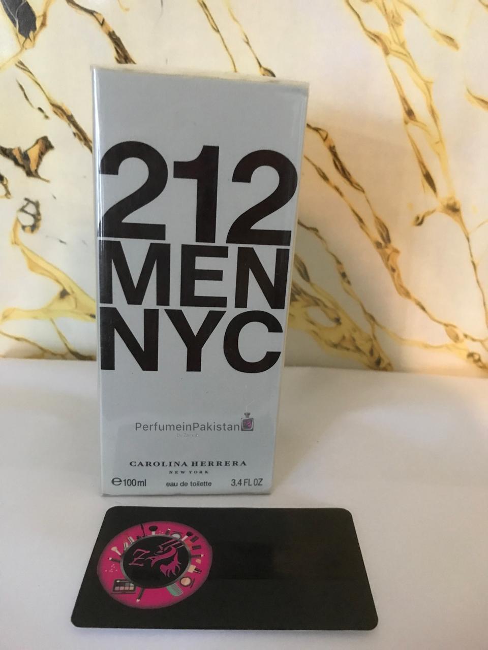 Carolina Herrera 212 Men NYC Eau de Toilette 100ml perfume box displayed on a white surface with marble-pattern background and PerfumeinPakistan branding.