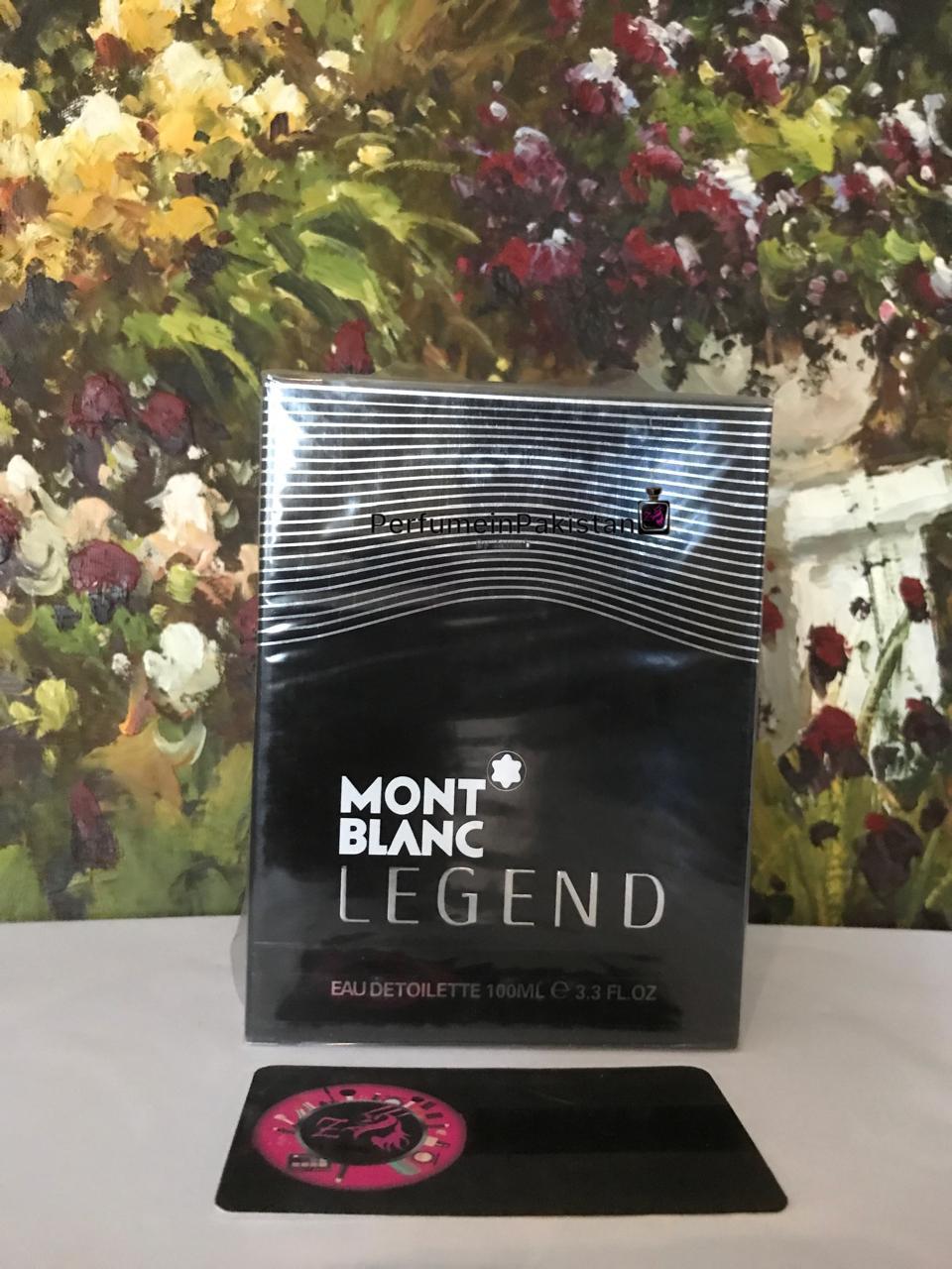 Mont Blanc Legend Eau de Toilette 100ml perfume box displayed on a white surface with a floral art background and PerfumeinPakistan branding.