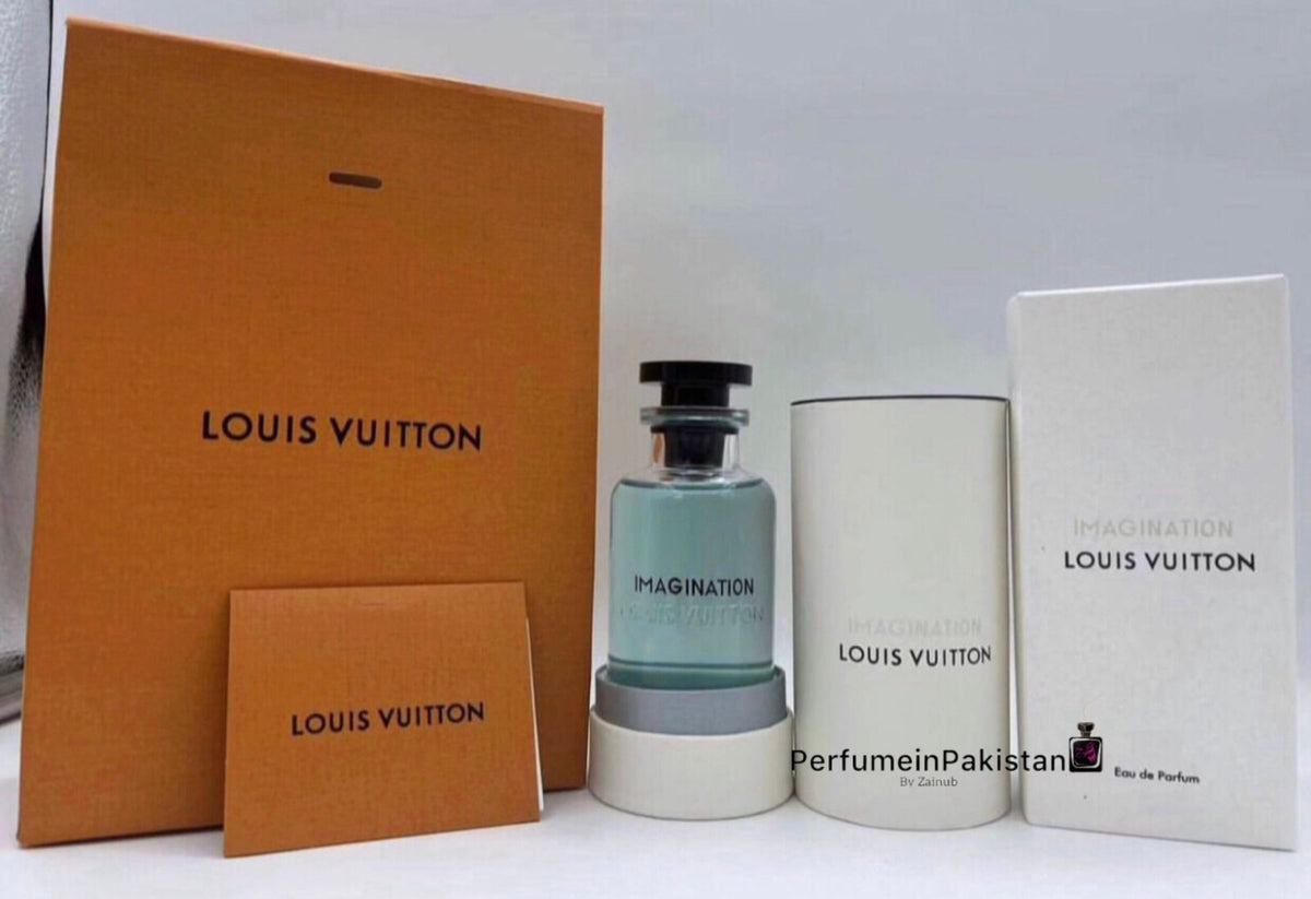Louis Vuitton Imagination Eau de Parfum with box, bottle, pouch, and Perfume in Pakistan display logo.