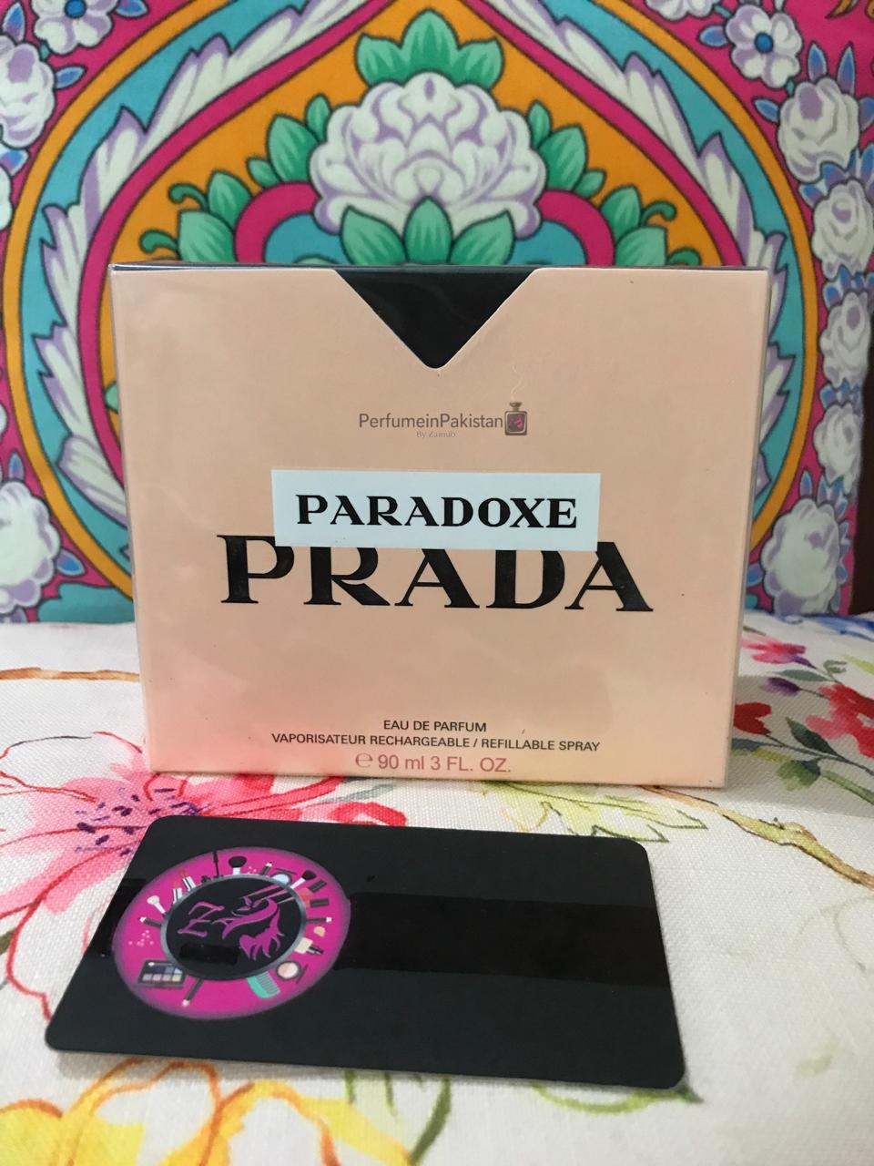 Prada Paradoxe Eau de Parfum 90ml perfume box displayed with Perfume in Pakistan branding